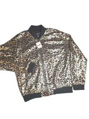 FOREVER 21 Sequin Leopard Print Bomber Jacket Zip Gold Black Silver M